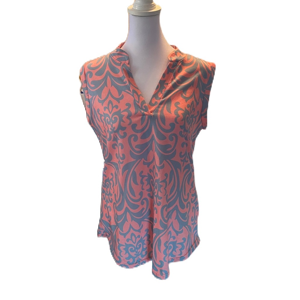 Halife Melon Color & Gray Paisley Print Sleeveless Tank Top Loose Fitting V-Neck